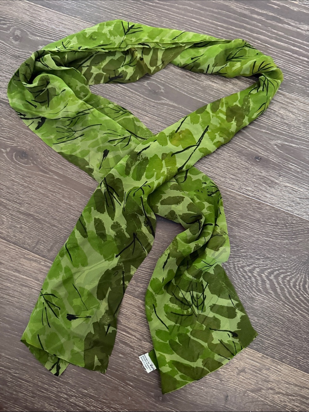 Vintage Vera Neumann Lightweight Green Print Silk Handrolled Scarf 7.5”x68”